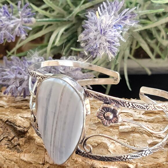 Wide Sterling Silver Cuff, Ocean Whisper Blue Agate Cuff Bracelet - Picture 3 of 10